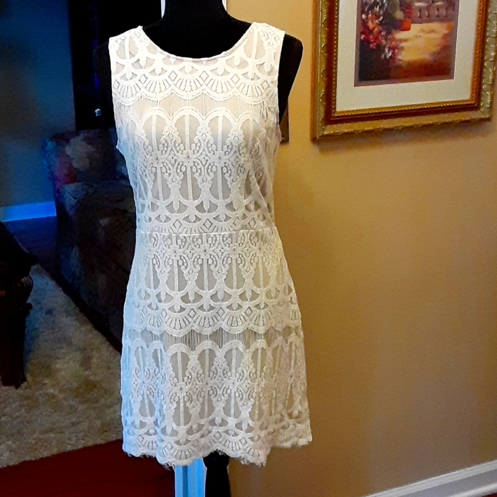 Blu Pepper nude cream lace sleeveless dress 100% cotton Fully lined Large EUC…